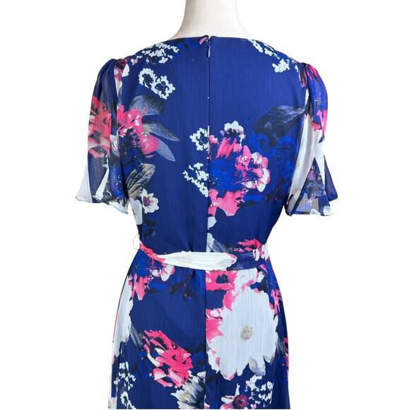 Harper Rose Blue Pink Floral Fit & Flare Flowy Short Sleeve Chiffon Dress - Picture 6 of 12